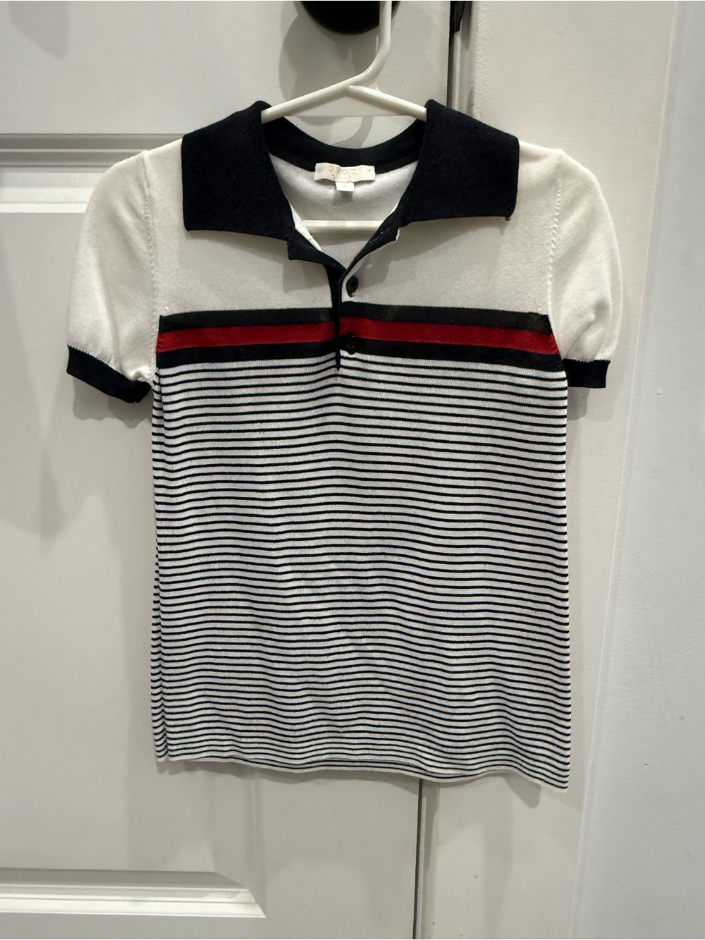 Gucci Kids Short-Sleeve Polo Top with Navy Stripes and Red Accent